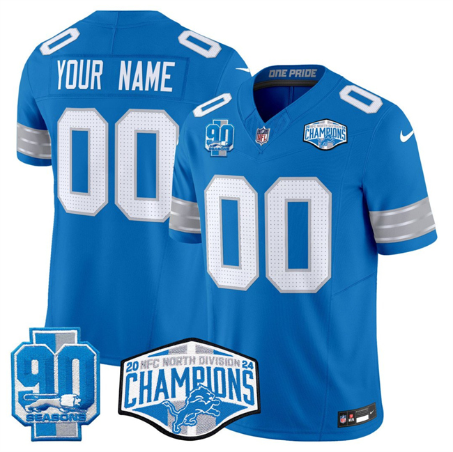 Men's Blue Detroit Lions Active Player Custom 2024 NFC North Champions 90th Anniversary Patch F.U.S.E. Vapor Limited Stitched Jersey